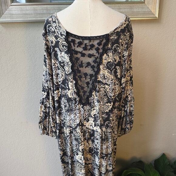 New One World Women's Printed Knit Lantern Sleeve Lace Keyhole Maxi Dress SZ 2X - Picture 4 of 5